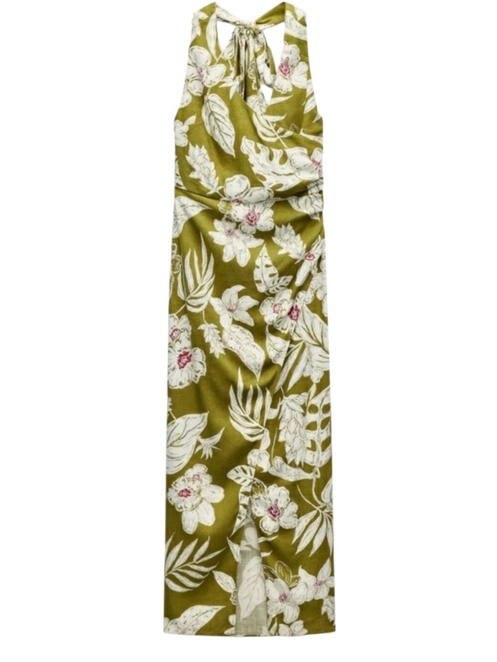 Zara Green Floral Print Linen Blend Halter Neck Dress